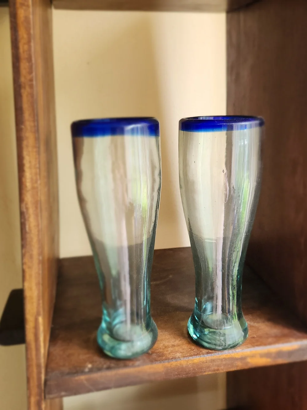 Handblown Glass Pilsner Set with Blue Rim